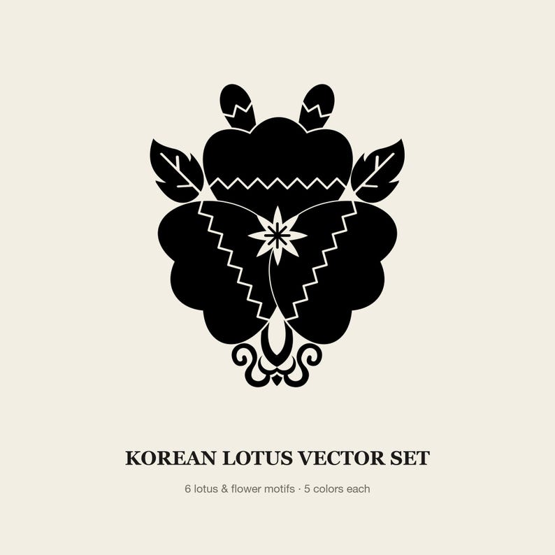 May include: A black graphic illustration of a stylized lotus flower motif centered on a cream background. Below the graphic, the text reads KOREAN LOTUS VECTOR SET, followed by the smaller text 6 lotus & flower motifs 5 colors each.