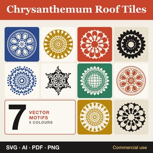 Koreanische Chrysanthemen-Dachziegel-Vektorgrafiken, 7 runde Blumenmedaillon-Motive (SVG, AI, PNG) in 5 Farbvarianten, asiatische Rosetten-Cliparts, kommerzielle Nutzung