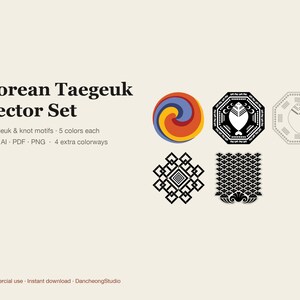 太極シンボルベクターセット、ダイヤモンド結びと鱗模様の韓国伝統モチーフ5種（SVG、AI、PNG形式）、5色展開、商用利用可 画像 1