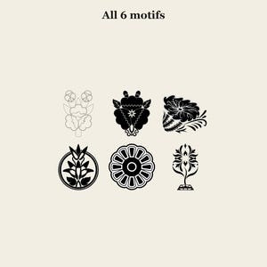 May include: A collection of six distinct black and white graphic motifs arranged in two rows, labeled with the text All 6 motifs at the top. The designs include floral, circular, and symmetrical patterns rendered in a clean, high-contrast style.