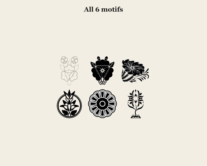 May include: A collection of six distinct black and white graphic motifs arranged in two rows, labeled with the text All 6 motifs at the top. The designs include floral, circular, and symmetrical patterns rendered in a clean, high-contrast style.