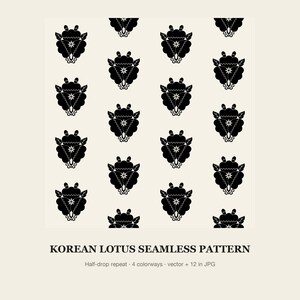 May include: A seamless pattern featuring black stylized lotus motifs arranged in a repeating grid on a cream background. Below the pattern, the text reads: KOREAN LOTUS SEAMLESS PATTERN, Half-drop repeat, 4 colorways, vector + 12 in JPG.