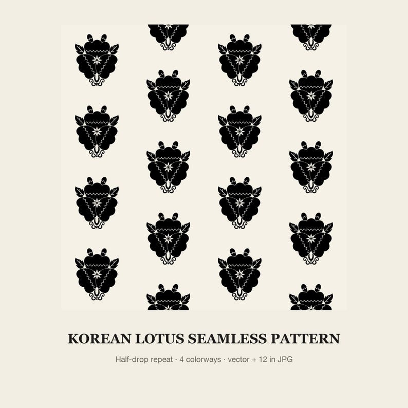 May include: A seamless pattern featuring black stylized lotus motifs arranged in a repeating grid on a cream background. Below the pattern, the text reads: KOREAN LOTUS SEAMLESS PATTERN, Half-drop repeat, 4 colorways, vector + 12 in JPG.