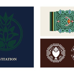 May include: A dark blue rectangular card with a green circular floral emblem and the word INVITATION in white text, a cream card with a green and red patterned band, and a brown card with a white fish icon and a geometric circle design.