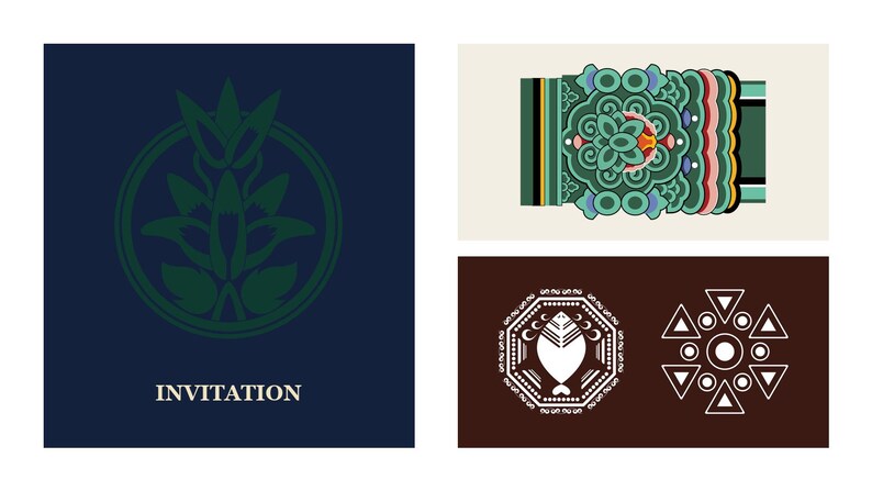 May include: A dark blue rectangular card with a green circular floral emblem and the word INVITATION in white text, a cream card with a green and red patterned band, and a brown card with a white fish icon and a geometric circle design.