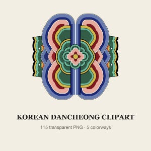 May include: A symmetrical graphic illustration featuring layered, curved shapes in shades of blue, green, pink, and yellow, centered around a small floral motif. Below the graphic, the text reads KOREAN DANCHEONG CLIPART 115 transparent PNG 5 colorways.