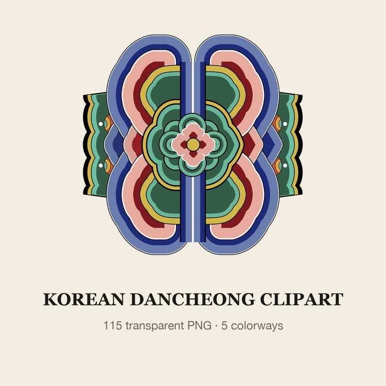May include: A symmetrical graphic illustration featuring layered, curved shapes in shades of blue, green, pink, and yellow, centered around a small floral motif. Below the graphic, the text reads KOREAN DANCHEONG CLIPART 115 transparent PNG 5 colorways.