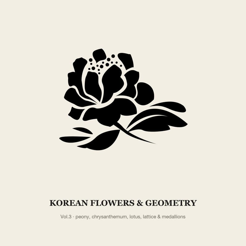 Koreanisches Blumen- und Geometrie-Muster-Vektorpaket Vol. 3, 65 Pfingstrosen-, Chrysanthemen- und Lotus-Gittermotive + 9 nahtlose Kacheln (SVG, AI, PNG) Bild 5