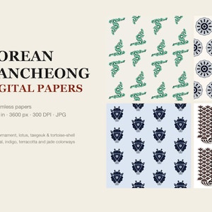 Digitalt papperspaket med koreanskt Dancheong, 24 sömlösa mönster 12 x 12 i 300 DPI JPG, traditionellt koreanskt palatsmönster, Lotus Taegeuk-klippbok bild 1