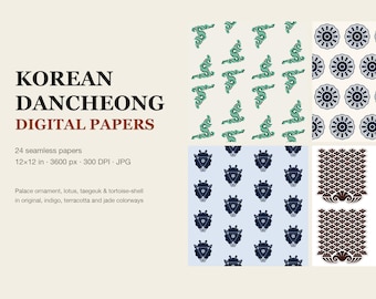 Korean Dancheong Digital Paper Pack, 24 Seamless Patterns 12x12 in 300 DPI JPG, Traditional Korean Palace Pattern, Lotus Taegeuk Scrapbook