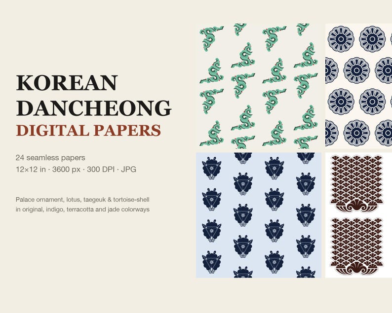 Digitalt papperspaket med koreanskt Dancheong, 24 sömlösa mönster 12 x 12 i 300 DPI JPG, traditionellt koreanskt palatsmönster, Lotus Taegeuk-klippbok bild 1