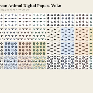Pacchetto di carta digitale con animali coreani Vol.2, 32 motivi senza soluzione di continuità di gru, farfalle, carpe e draghi, 12 x 12 pollici, 300 dpi JPG, album di ritagli per il Capodanno lunare immagine 2