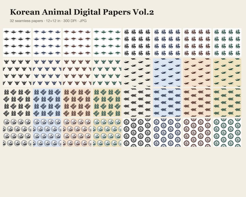 Pacchetto di carta digitale con animali coreani Vol.2, 32 motivi senza soluzione di continuità di gru, farfalle, carpe e draghi, 12 x 12 pollici, 300 dpi JPG, album di ritagli per il Capodanno lunare immagine 2
