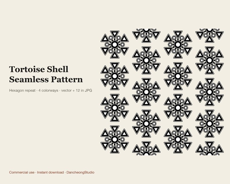 Nahtloses Muster mit koreanischem Schildpattmuster, sechseckige Vektor-Wiederholungskachel (SVG, AI, PNG) + 12 x 12 Zoll Digitalpapier in 4 Farbvarianten, kommerzielle Nutzung Bild 1