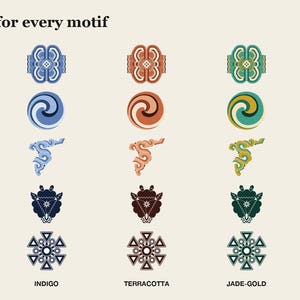 May include: A grid of five rows and five columns displaying graphic motifs in five colorways labeled Original, Indigo, Terracotta, Jade-Gold, and Grayscale. The text 5 colorways for every motif appears at the top left of the graphic design chart.