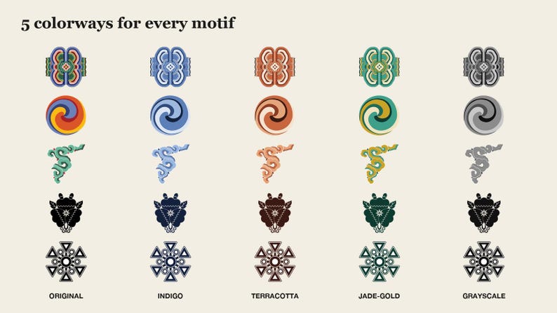 May include: A grid of five rows and five columns displaying graphic motifs in five colorways labeled Original, Indigo, Terracotta, Jade-Gold, and Grayscale. The text 5 colorways for every motif appears at the top left of the graphic design chart.