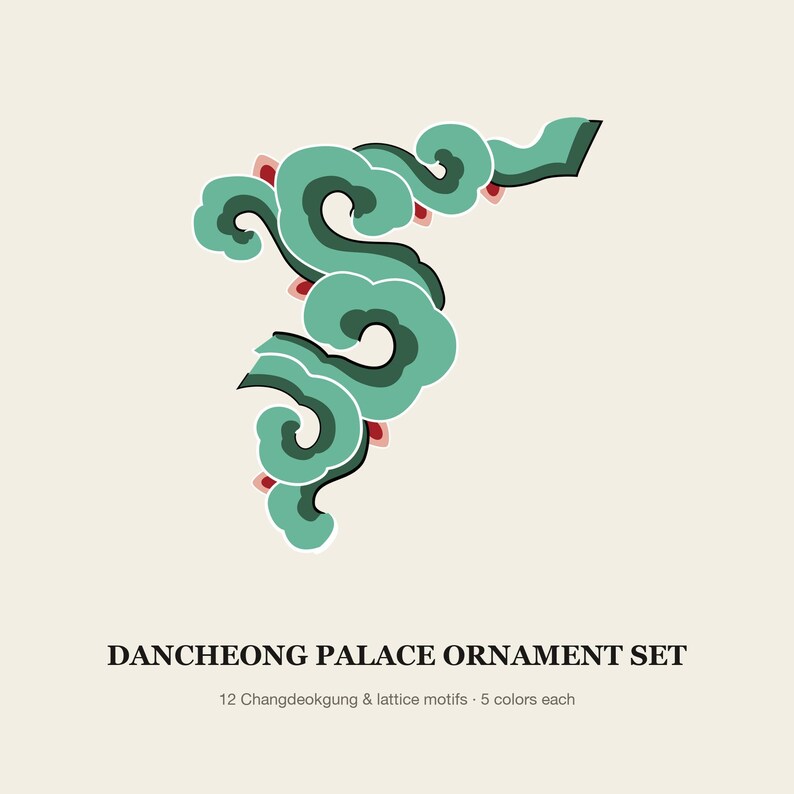 Puede incluir: Una ilustraci&oacute;n gr&aacute;fica de un adorno estilizado en forma de nube verde con contornos verde oscuro y peque&ntilde;os acentos rojos. Debajo del gr&aacute;fico, el texto dice DANCHEONG PALACE ORNAMENT SET, 12 Changdeokgung & lattice motifs &middot; 5 colors each.