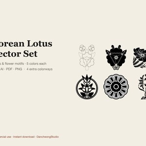 May include: A digital graphic set titled Korean Lotus Vector Set featuring six black and white lotus and flower motifs. The text includes 6 lotus & flower motifs, 5 colors each, SVG, AI, PDF, PNG, 4 extra colorways, Commercial use, Instant download, DancheongStudio.