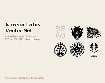 Korean Lotus Vector Clipart Set, 6 Traditional Lotus Flower Motifs SVG AI PNG in 5 Colorways, Buddhist Asian Pattern Commercial Use