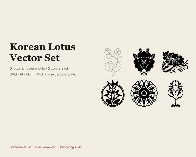 May include: A digital graphic set titled Korean Lotus Vector Set featuring six black and white lotus and flower motifs. The text includes 6 lotus & flower motifs, 5 colors each, SVG, AI, PDF, PNG, 4 extra colorways, Commercial use, Instant download, DancheongStudio.