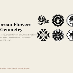 Koreanisches Blumen- und Geometrie-Muster-Vektorpaket Vol. 3, 65 Pfingstrosen-, Chrysanthemen- und Lotus-Gittermotive + 9 nahtlose Kacheln (SVG, AI, PNG) Bild 1