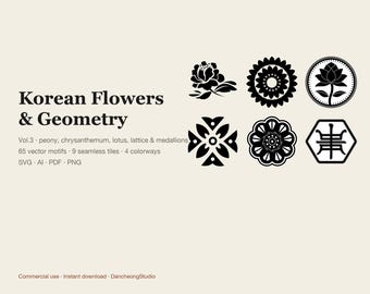 Koreanska blommor och geometriska mönster vektorpaket vol. 3, 65 pionkrysantemumlotusgittermotiv + 9 sömlösa plattor SVG AI PNG
