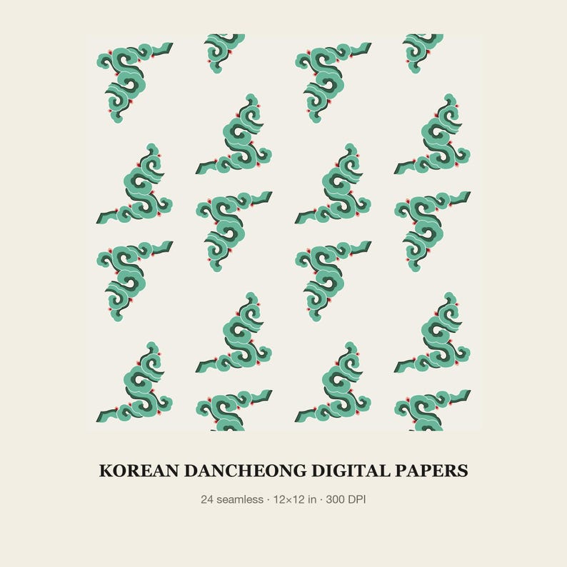 Digitalt papperspaket med koreanskt Dancheong, 24 sömlösa mönster 12 x 12 i 300 DPI JPG, traditionellt koreanskt palatsmönster, Lotus Taegeuk-klippbok bild 4