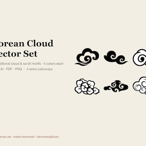 Korean Cloud Vector Clipart Set, 10 Traditional Asian Cloud and Scroll Motifs SVG AI PNG in 5 Colorways, Oriental Pattern, Commercial Use