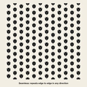 May include: A seamless pattern featuring a repeating black graphic of a stylized giraffe head on a cream-colored background. The design is arranged in a grid, and the text at the bottom reads: Seamless: repeats edge to edge in any direction.