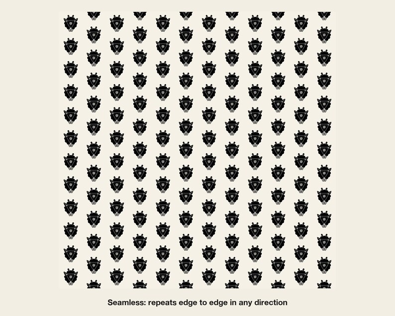 May include: A seamless pattern featuring a repeating black graphic of a stylized giraffe head on a cream-colored background. The design is arranged in a grid, and the text at the bottom reads: Seamless: repeats edge to edge in any direction.
