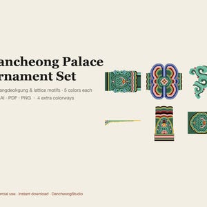 Puede incluir: Un conjunto gr&aacute;fico digital titulado Dancheong Palace Ornament Set que presenta 12 motivos de Changdeokgung y celos&iacute;a en cinco colores. La imagen muestra varios patrones decorativos intrincados, coloridos, sim&eacute;tricos y curvos en verde, azul, rojo y amarillo.