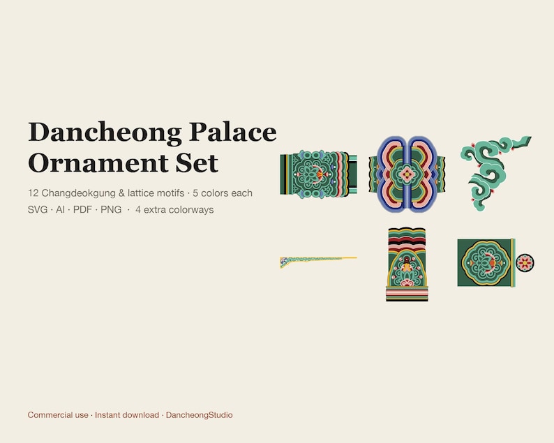 Puede incluir: Un conjunto gr&aacute;fico digital titulado Dancheong Palace Ornament Set que presenta 12 motivos de Changdeokgung y celos&iacute;a en cinco colores. La imagen muestra varios patrones decorativos intrincados, coloridos, sim&eacute;tricos y curvos en verde, azul, rojo y amarillo.
