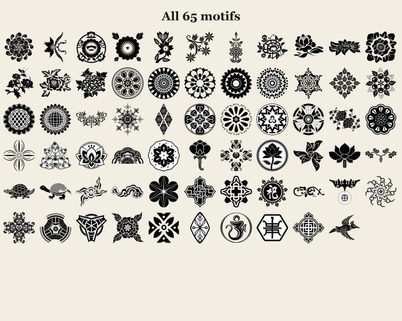 Koreanisches Blumen- und Geometrie-Muster-Vektorpaket Vol. 3, 65 Pfingstrosen-, Chrysanthemen- und Lotus-Gittermotive + 9 nahtlose Kacheln (SVG, AI, PNG) Bild 2