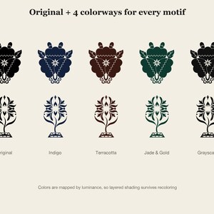 May include: A graphic display featuring two rows of five decorative motifs in original, indigo, terracotta, jade and gold, and grayscale colorways. The text reads: Original + 4 colorways for every motif, Original, Indigo, Terracotta, Jade & Gold, Grayscale, and Colors are mapped by luminance, so layered shading survives recoloring.