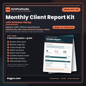 Peut inclure: Un kit de rapport client mensuel sous forme de modèles numériques éditables DOCX et PDF. Le fond sombre présente du texte incluant Monthly Client Report, 8 modèles Word et un exemple de document de rapport d'octobre avec des métriques.