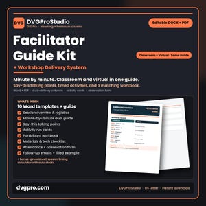 May include: A digital Facilitator Guide Kit by DVGProStudio featuring a workshop delivery system. Includes 10 Word templates, a guide, and a bonus spreadsheet. The document displays a minute-by-minute dual-delivery column layout.