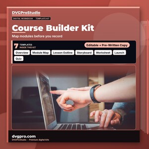 May include: A digital workbook and template kit titled Course Builder Kit by DVGProStudio. The graphic features text including Map modules before you record, 7 templates, and labels for Overview, Module Map, Lesson Outline, Storyboard, Worksheet, Launch, and Quiz.