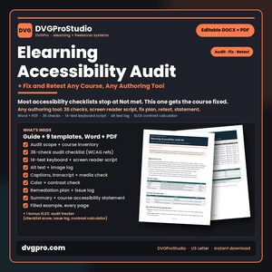 Kit de auditoría de accesibilidad para e-learning en formato DOCX y PDF editable, corrección y reevaluación de cualquier curso / Lista de verificación WCAG, prueba de lector de pantalla, texto alternativo, subtítulos.