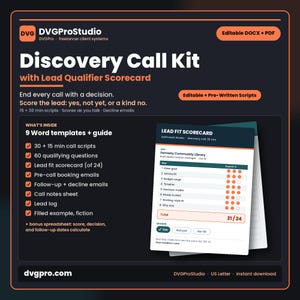 Puede incluir: Un kit de llamadas de descubrimiento digital con una tarjeta de puntuación de clientes potenciales sobre un fondo oscuro con detalles en naranja. El texto incluye DVGProStudio, Discovery Call Kit y 9 plantillas Word y guiones.