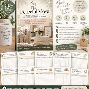 May include: A digital planner titled The Peaceful Move Senior Downsizing & Home Transition Planner, featuring 50+ pages of printable checklists, worksheets, and trackers for moving, including room-by-room inventories, budget logs, and packing lists.