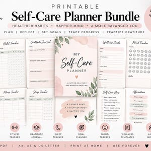 May include: A printable self-care planner bundle featuring over 50 pages including daily planners, habit trackers, gratitude journals, wellness goals, mood trackers, weekly planners, meal planners, fitness trackers, sleep trackers, and notes.