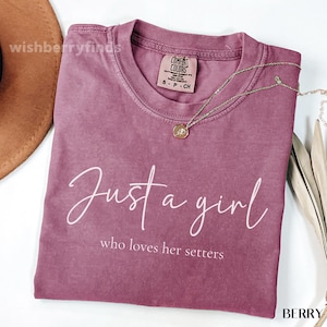 May include: A berry-colored short-sleeve t-shirt featuring the white text Just a girl who loves her setters. The shirt has a Comfort Colors brand label at the inner neckline and is paired with a delicate gold-toned chain necklace.