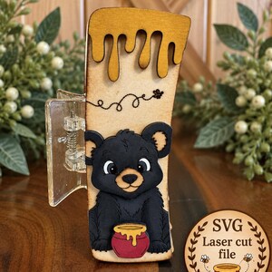 Black Bear Hair Clip SVG, Honey Bear Laser Cut File, Hair Clip Laser file, Cute Woodland Animal SVG, Layered Hair Clip Design