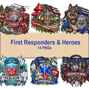 May include: A digital collection of 14 graphic illustrations featuring first responders, including search and rescue teams with German Shepherds, firefighters with gear, K9 police units, surgeons with medical tools, paramedics, and 911 dispatchers.