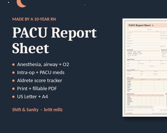PACU Nurse Report Sheet | Aldrete Score Tracker, Perioperative Handoff (Fillable PDF)