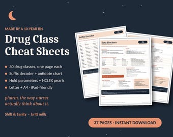 Nursing Pharmacology Cheat Sheets | 30 Drug Classes Printable Study Guide | NCLEX Pharm Review for Nursing Students | 37 Pages PDF