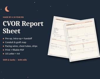 CVOR Nurse Report Sheet | Cardiac Surgery Perioperative Fillable PDF (Printable)