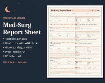 Med-Surg Nurse Report Sheet | 4 Patients, Head-to-Toe Assessment (Fillable PDF)