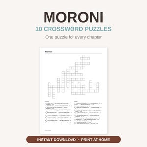Può includere: Un foglio di attività con 10 cruciverba Moroni con il titolo Moroni, 10 Crossword Puzzles e il sottotitolo One puzzle for every chapter. La pagina mostra una griglia di cruciverba con indizi numerati per le sezioni orizzontali e verticali.