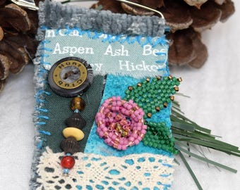 Mixed Media Fabric Pin, Slow Stitched Brooch